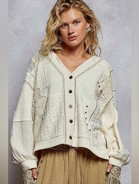POL “Cottage Charm“ Patchwork Thermal Hoodie Button-Up Cardigan Sweter Cream  L